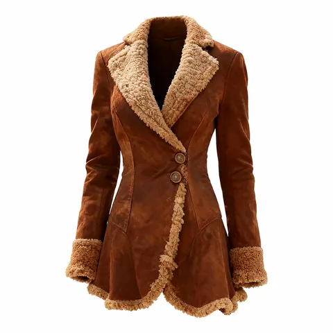 Women Faux Suede Shearling Coat Faux Fur Lined Thick Winter Jacket Mid-Length Windbreaker Vintage Warm Outerwear For Women