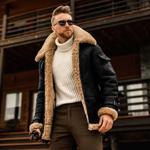 Men Winter Thickened Faux Suede Shearling Jacket Warm Fleece Lined Moto Pilot Top Jacket Double Breasted Lapel Outerwear