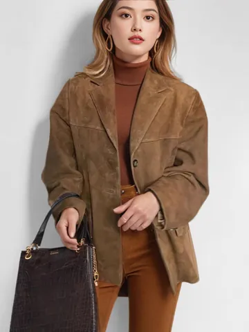 Blazer en Suédine Rétro pour Femmes Veste Élégante Manches Longues Boutonnage Simple Revers Vêtement d'Extérieur Avec Poches Tenue de Bureau