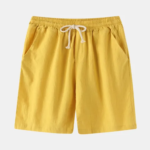 Men's Casual Cotton Linen Shorts Summer Beach Pants Solid Color Slim Fit Straight Leg Shorts With Elastic Waist Drawstring