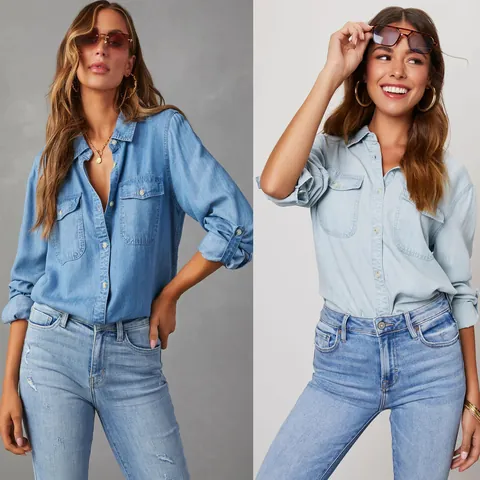 Women's Casual Denim Shirt Long Sleeve Cotton Button Down Blouse With Pockets Western Style Solid Loose Top