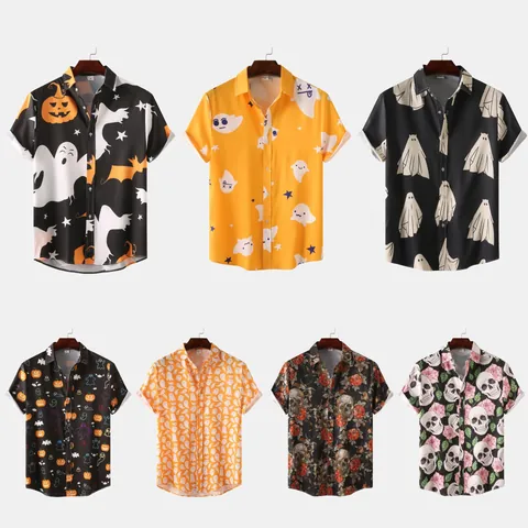 Men's Halloween Hawaiian Shirt Casual Cotton Printed Short Sleeve Button Down Beach Shirt Pumpkin Ghost Skull Pattern Summer Holiday Top