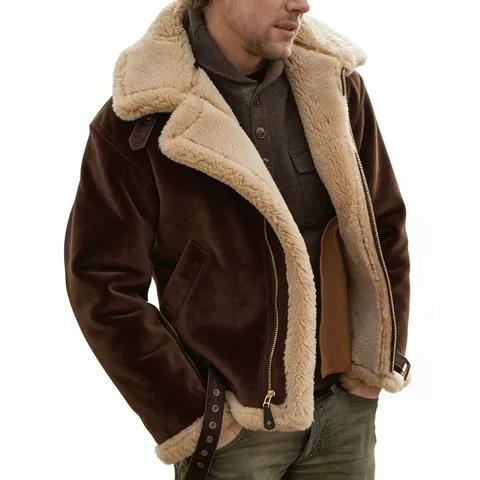 Men American Vintage B3 Bomber Jacket Faux Shearling Lined Suede PU Leather Coat Thick Warm Winter Outwear Full Zip Flight Jacket