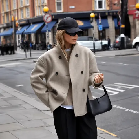 Women British Style Double Breasted Woolen Coat Casual Solid Color Mid-Length Polyester Cotton Outerwear Top
