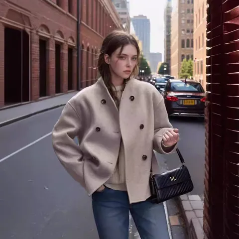 Women British Style Double Breasted Woolen Coat Casual Solid Color Mid-Length Polyester Cotton Outerwear Top