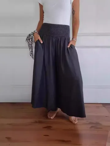 Pantalon à Jambes Larges Décontracté pour Femmes avec Taille Élastique Smockée Pantalon Large à Taille Haute avec Poches