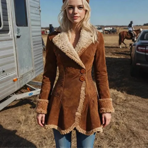 Women Faux Suede Shearling Coat Faux Fur Lined Thick Winter Jacket Mid-Length Windbreaker Vintage Warm Outerwear For Women