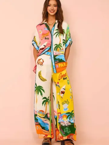 Ensemble pour Femmes Imprimé Cocotier Tropical Chemise à Manches Courtes et Pantalon Large à Taille Haute Top et Bottom Style Vacances