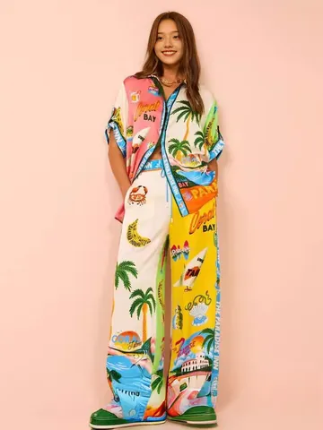Ensemble pour Femmes Imprimé Cocotier Tropical Chemise à Manches Courtes et Pantalon Large à Taille Haute Top et Bottom Style Vacances