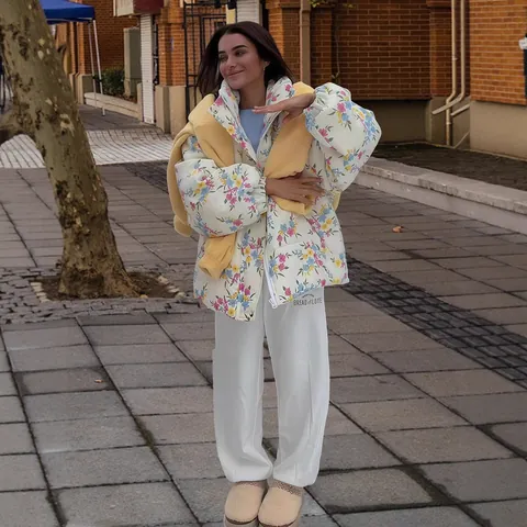 Veste Rembourrée Florale Décontractée pour Femmes Avec Capuche Haut à Manches Longues Large Manteau Thermique Matelassé Blanc Imprimé Floral