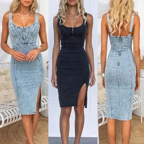 Women's Retro Acid Wash Denim Dress Polyester U-Neck Strappy Slit Distressed Midi Bodycon Dress Sleeveless Front Zipper Casual Sundress
