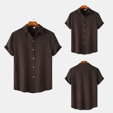 Men's Casual Short Sleeve Shirt Cotton Blend Crinkle Texture Solid Color Lapel Button Up Top Summer Fashion Clothing