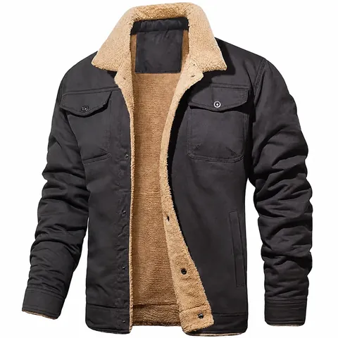 Men's Casual Workwear Jacket Sherpa Fleece Lined Winter Warm Multi-Pocket Cotton Canvas Outerwear Top