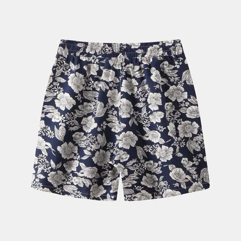 Men's Japanese Casual Beach Shorts Tropical Floral Printed Cotton Linen Blend Loose Fit Drawstring Elastic Waist Five-Point Pants