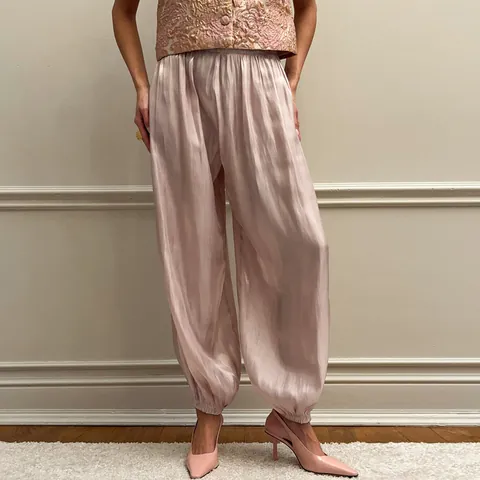 Women's Loose Satin Lantern Pants Casual High Waist Cuffed Harem Trousers Spring Summer Thin Breathable Pleated Lounge Pants