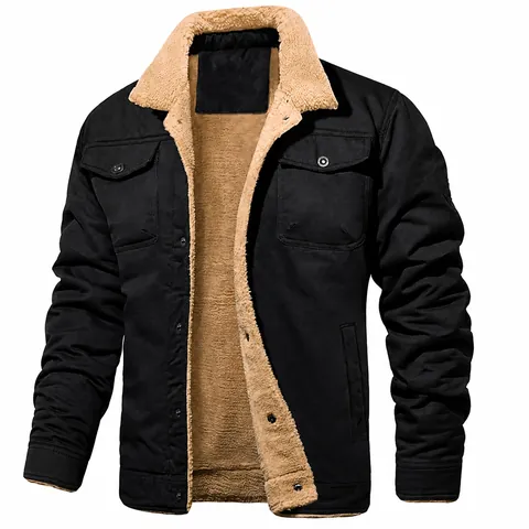 Men's Casual Workwear Jacket Sherpa Fleece Lined Winter Warm Multi-Pocket Cotton Canvas Outerwear Top