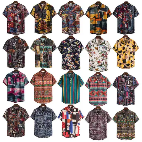 Men Casual Short Sleeve Shirt Hawaiian Print Henley Neck Cotton Blend Vintage Ethnic Floral Patchwork Summer Beach Top