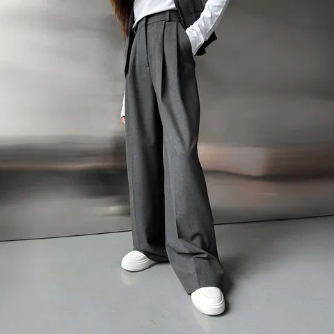 Pantalon de Costume Femme Taille Haute Jambe Large Printemps Été Drapé Droit Bureau Décontracté Élégant Couleur Unie Bas