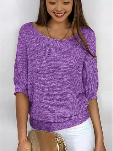 Women Elegant Mercerized Viscose Spandex Round Neck Knit Top 3/4 Sleeve Solid Color Pullover Casual Commuter Sweater