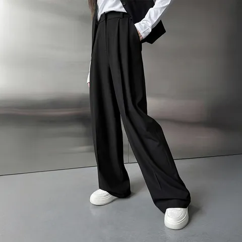 Pantalon de Costume Femme Taille Haute Jambe Large Printemps Été Drapé Droit Bureau Décontracté Élégant Couleur Unie Bas