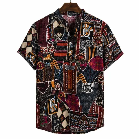 Men Casual Short Sleeve Shirt Hawaiian Print Henley Neck Cotton Blend Vintage Ethnic Floral Patchwork Summer Beach Top
