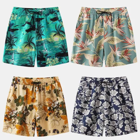 Men's Japanese Casual Beach Shorts Tropical Floral Printed Cotton Linen Blend Loose Fit Drawstring Elastic Waist Five-Point Pants