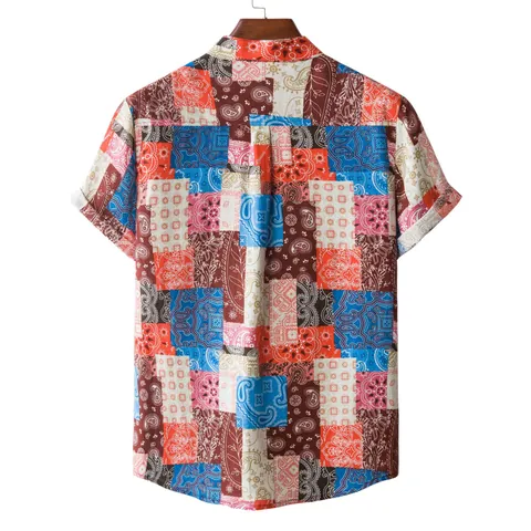Heren Vintage Paisley Patchwork Linnenmix Overhemd Casual Korte Mouw Steekkraag Ademend Etnische Stijl Vakantie Top