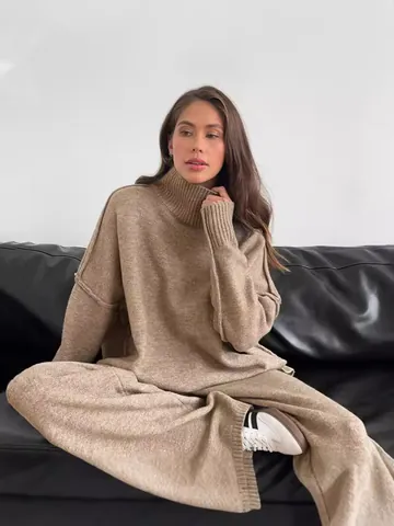 Ensemble Pull en Tricot pour Femmes Épais Col Roulé Ample Pullover Et Pantalon Large Top And Bottom Décontracté Automne Hiver