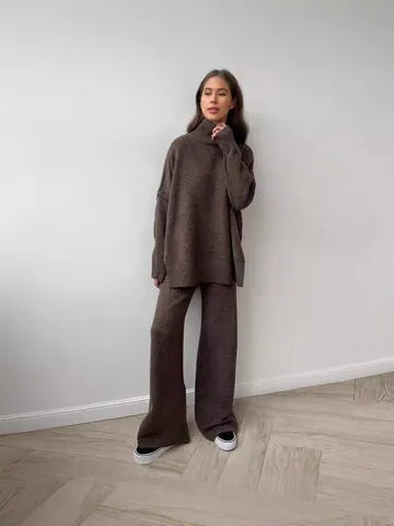 Ensemble Pull en Tricot pour Femmes Épais Col Roulé Ample Pullover Et Pantalon Large Top And Bottom Décontracté Automne Hiver