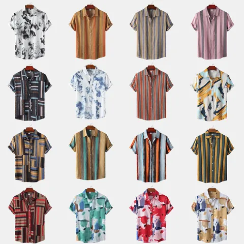 Men Casual Hawaiian Shirt Short Sleeve Polyester Printed Tropical Floral Stripe Beach Vacation Button Down Lapel Top