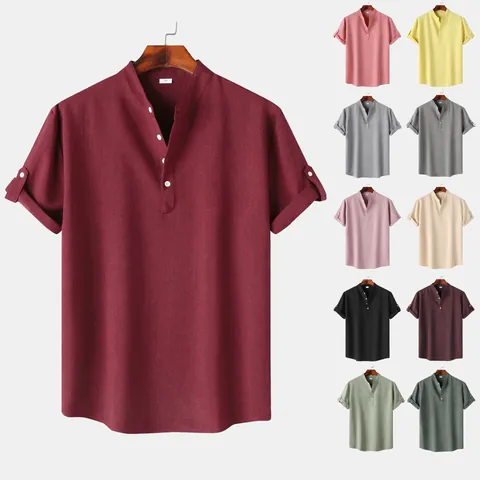 Chemise Décontractée en Polyester pour Hommes Col Montant Manches Courtes Coupe Slim Couleur Unie Henley pour Printemps Été