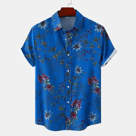 Men Casual Floral Shirt Cotton Blend Short Sleeve Tropical Print Button Down Summer Beach Hawaiian Style Shirt For Men