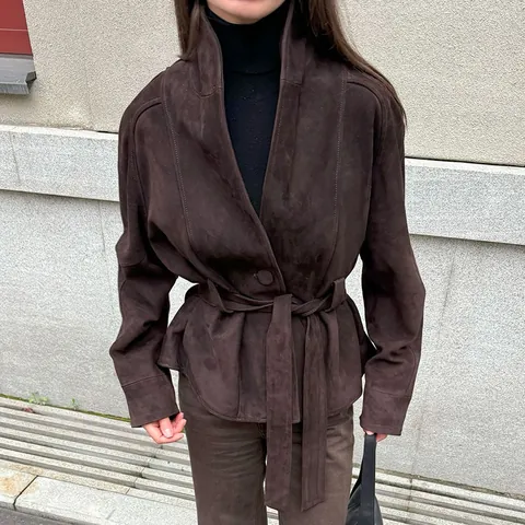 Retro Wildleder Langarm Jacke Damen Elegant Revers Gürtel Slim Fit Mattiert Samtmantel Mode Lässig Warm Damenjacke