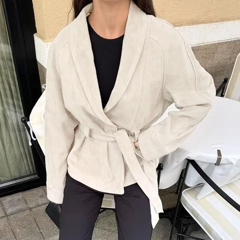 Retro Wildleder Langarm Jacke Damen Elegant Revers Gürtel Slim Fit Mattiert Samtmantel Mode Lässig Warm Damenjacke