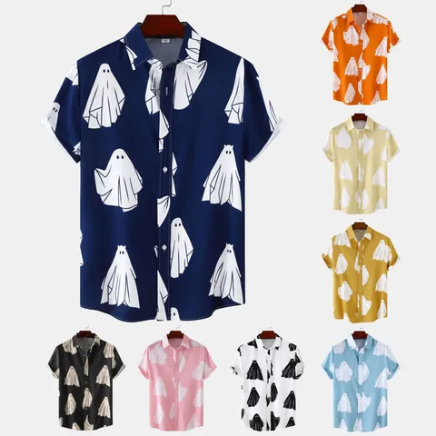 Camicia Casual da Uomo a Maniche Corte Stampa Fantasma Cartone Animato Misto Cotone Abbottonata Top Tropicale da Spiaggia Abbigliamento per Festa di Halloween