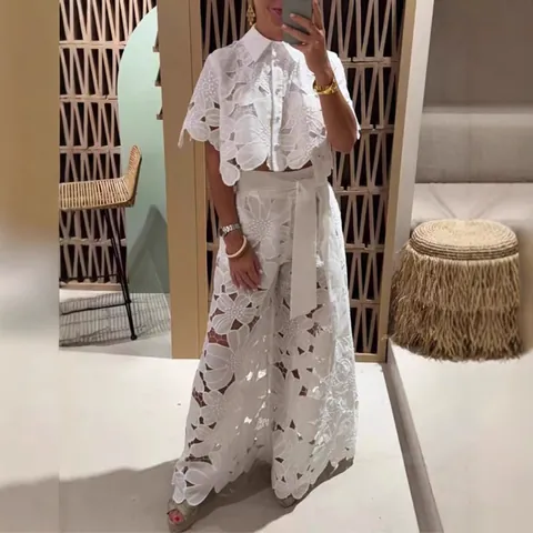 Femme Sexy Ajouré Dentelle Chemise Top Et Pantalon Large Top Et Bottom Floral Élégant Couleur Unie Été Ensemble