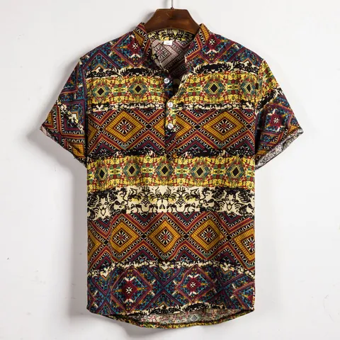 Camicia da Uomo in Lino con Stampa Geometrica Bohemienne Casual Collo alla Coreana Manica Corta Top Largo Taglie Forti per Vacanza