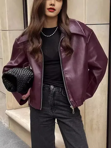 Women Motorcycle PU Leather Jacket Loose Fit Lapel Collar Zip Up Autumn Winter Faux Leather Coat Streetwear Outerwear Top