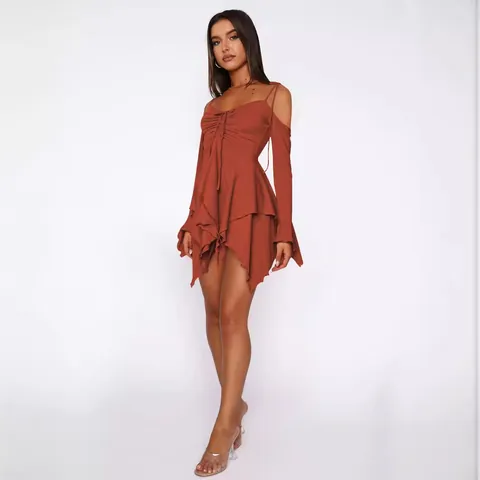 Women's Asymmetrical Hem Cold Shoulder Viscose Dress Long Sleeve Fairycore Ruffle Dress For Halloween Cosplay Party Elegant Midi Top