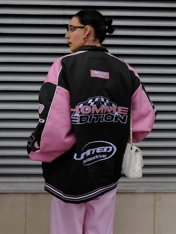 Γυναικείο Casual Ροζ Μαύρο Moto Τζάκετ Υπερμεγέθης Τυπωτό Στυλ Αγώνων Μπέιζμπολ Μακρυμάνικο Streetwear Εξωτερικό Ένδυμα Top