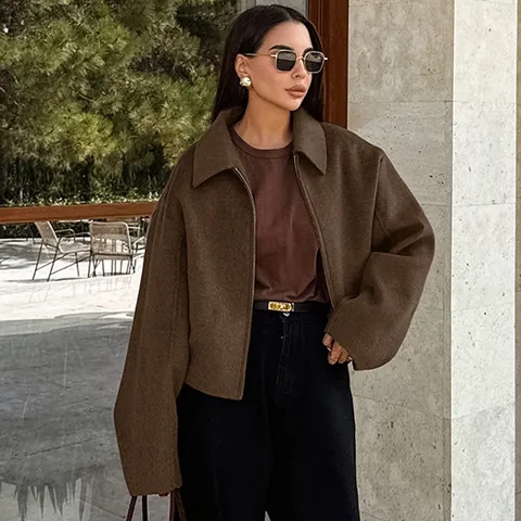 Dames Casual Oversized Wollen Look Jas Herfst Winter Revers Rits Lange Mouw Mantel Effen Kleur Losse Bovenkleding