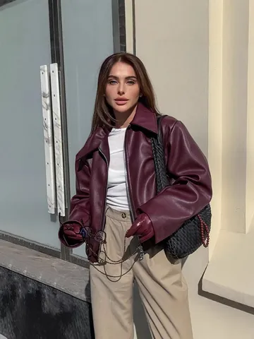 Veste en Similicuir Rouge Vin Style Moto Vintage pour Femme 2024 Automne Mode Mat PU Cuir Biker Jacket Top Outerwear