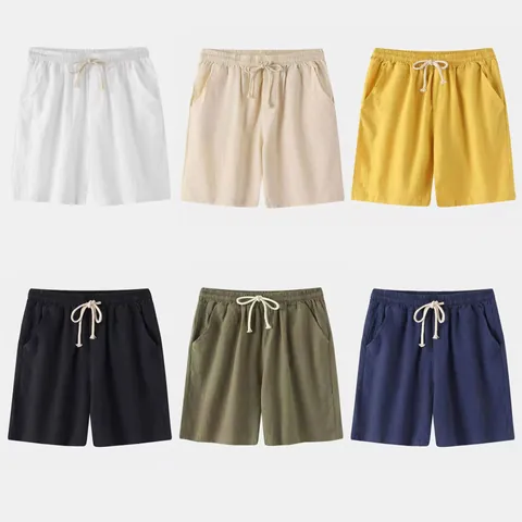 Men's Casual Cotton Linen Shorts Summer Beach Pants Solid Color Slim Fit Straight Leg Shorts With Elastic Waist Drawstring