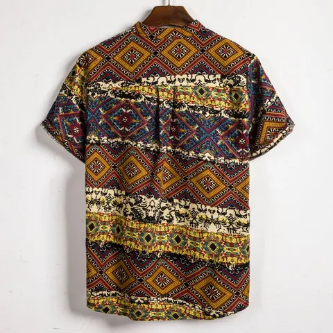 Camicia da Uomo in Lino con Stampa Geometrica Bohemienne Casual Collo alla Coreana Manica Corta Top Largo Taglie Forti per Vacanza