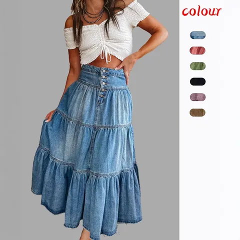 Μποέμ Γυναικεία Denim Midi Φούστα Άλφα Κλιμακωτή Ψηλή Μέση Κουμπιά Μπροστά Φούστα με Βολάν για Καθημερινή Χρήση Διακοπές Καλοκαίρι
