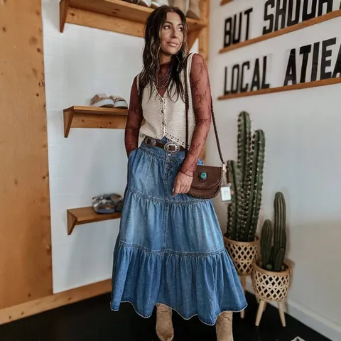 Μποέμ Γυναικεία Denim Midi Φούστα Άλφα Κλιμακωτή Ψηλή Μέση Κουμπιά Μπροστά Φούστα με Βολάν για Καθημερινή Χρήση Διακοπές Καλοκαίρι