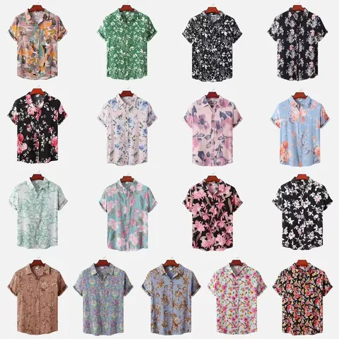 Men Casual Cotton Blend Hawaiian Shirt Tropical Botanical Floral Printed Short Sleeve Button Down Beach Holiday Top