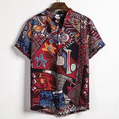 Heren Indiase Etnische Stijl Linnenmix Korte Mouw Overhemd Retro Henley Staande Kraag Zomer Casual Tribal Bloemen Bedrukt Vakantie Strand Top