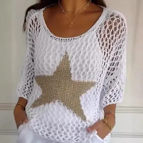 Pull en Tricot Étoile Décontracté pour Femmes Ajouré Col Rond Manches Trois Quarts Top Élégant pour l'Été