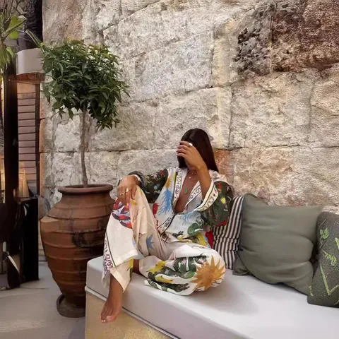 Γυναικείο Λινό Τυπωτό Σετ Πουκάμισο Και Παντελόνι Boho Πάνω Και Κάτω Μακρύ Μανίκι Καλλιτεχνικό Μυθολογικό Μοτίβο Κοστούμι Διακοπών